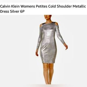 NWT Calvin Klein Petite Cold Shoulder Silver Metallic Dress